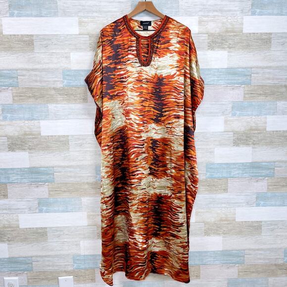 ASHRO Animal Print Kimono Kaftan Maxi Dress Brown Orange Womens Free One Size OS - Picture 1 of 6